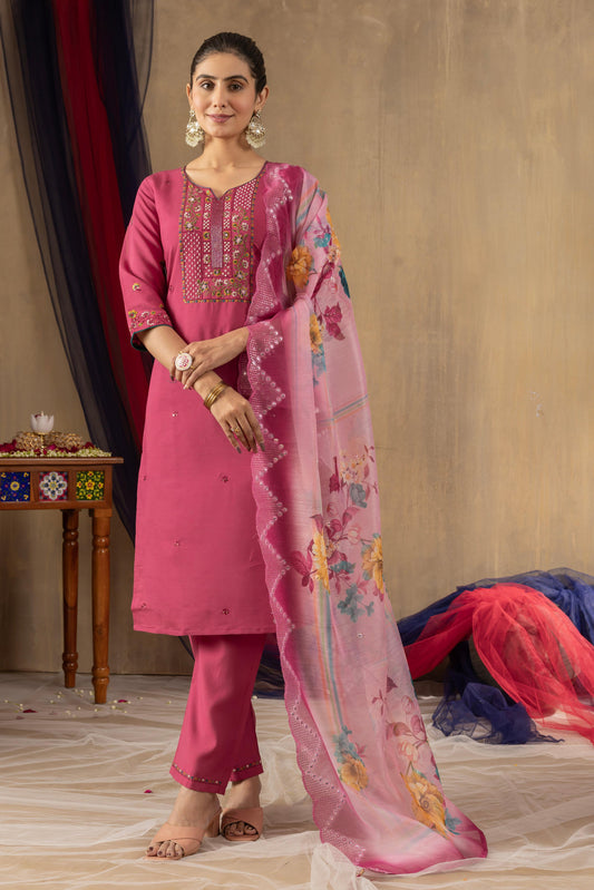 Sonakshi Women's Pink Roman Silk Multi Embroidered Sequins With Hand Work Kurta Set With Dupatta