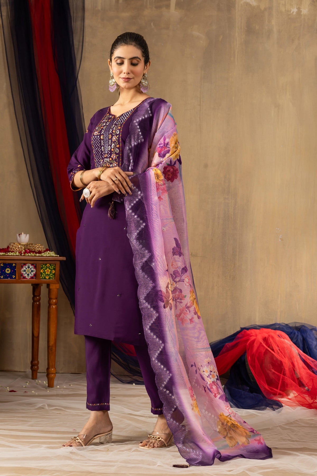 Sonakshi Women's Purple Roman Silk Multi Embroidered Sequins With Hand Work Kurta Set With Dupatta