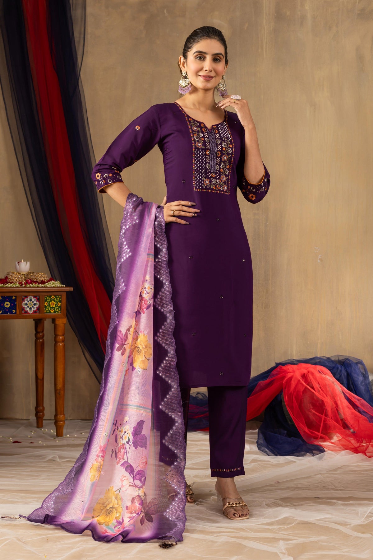 Sonakshi Women's Purple Roman Silk Multi Embroidered Sequins With Hand Work Kurta Set With Dupatta