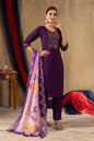 Sonakshi Women's Purple Roman Silk Multi Embroidered Sequins With Hand Work Kurta Set With Dupatta