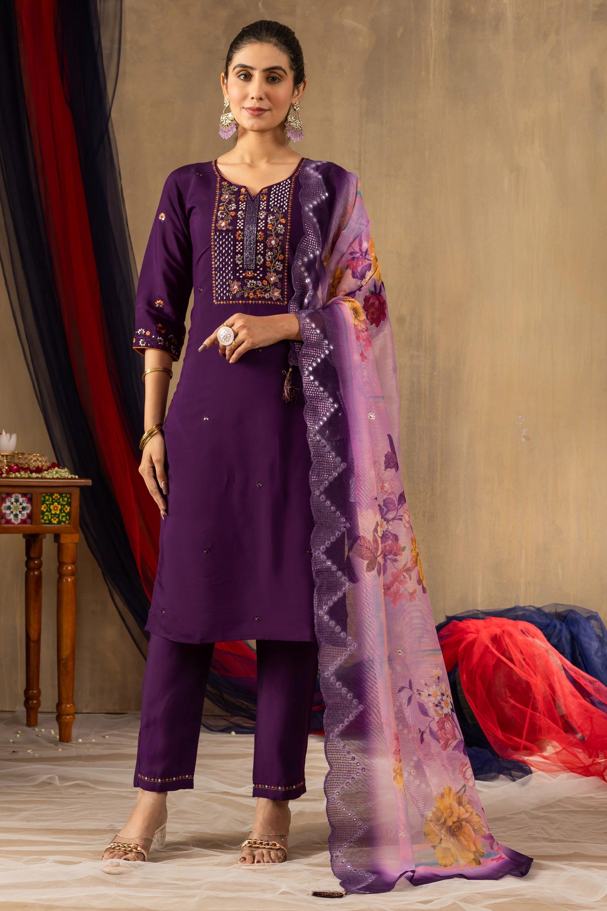 Sonakshi Women's Purple Roman Silk Multi Embroidered Sequins With Hand Work Kurta Set With Dupatta
