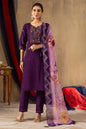 Sonakshi Women's Purple Roman Silk Multi Embroidered Sequins With Hand Work Kurta Set With Dupatta