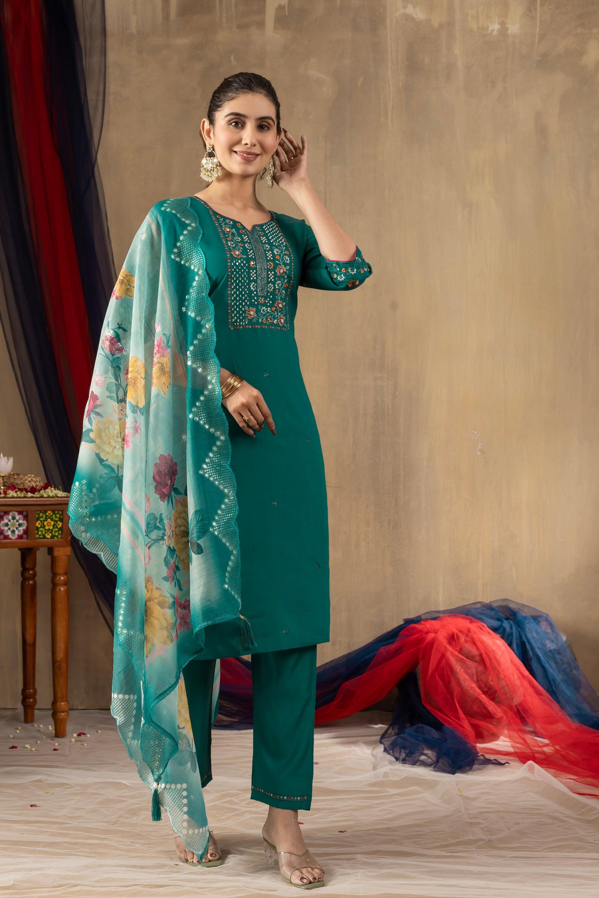 Sonakshi Women's Rama Roman Silk Multi Embroidered Sequins With Hand Work Kurta Set With Dupatta