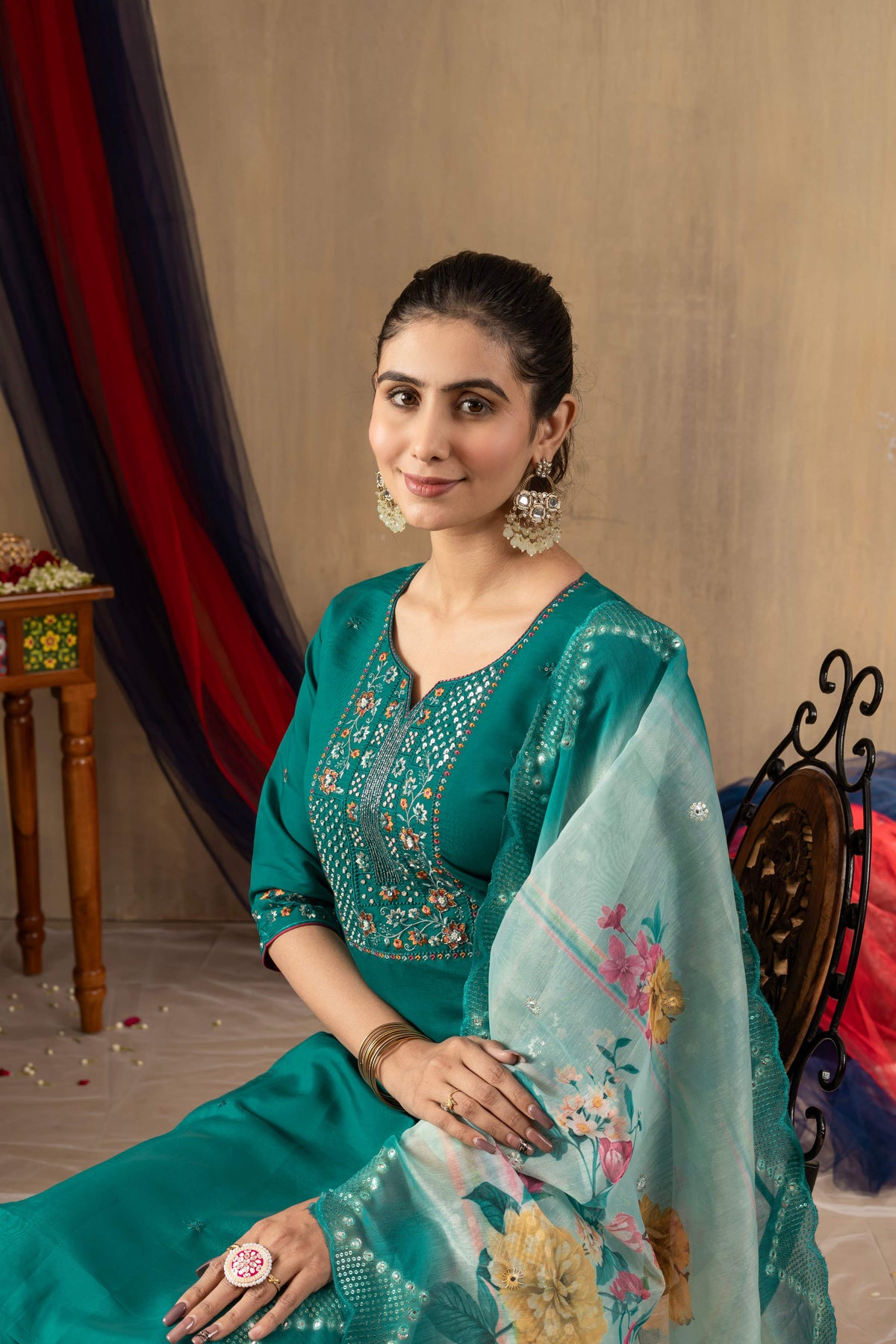 Sonakshi Women's Rama Roman Silk Multi Embroidered Sequins With Hand Work Kurta Set With Dupatta