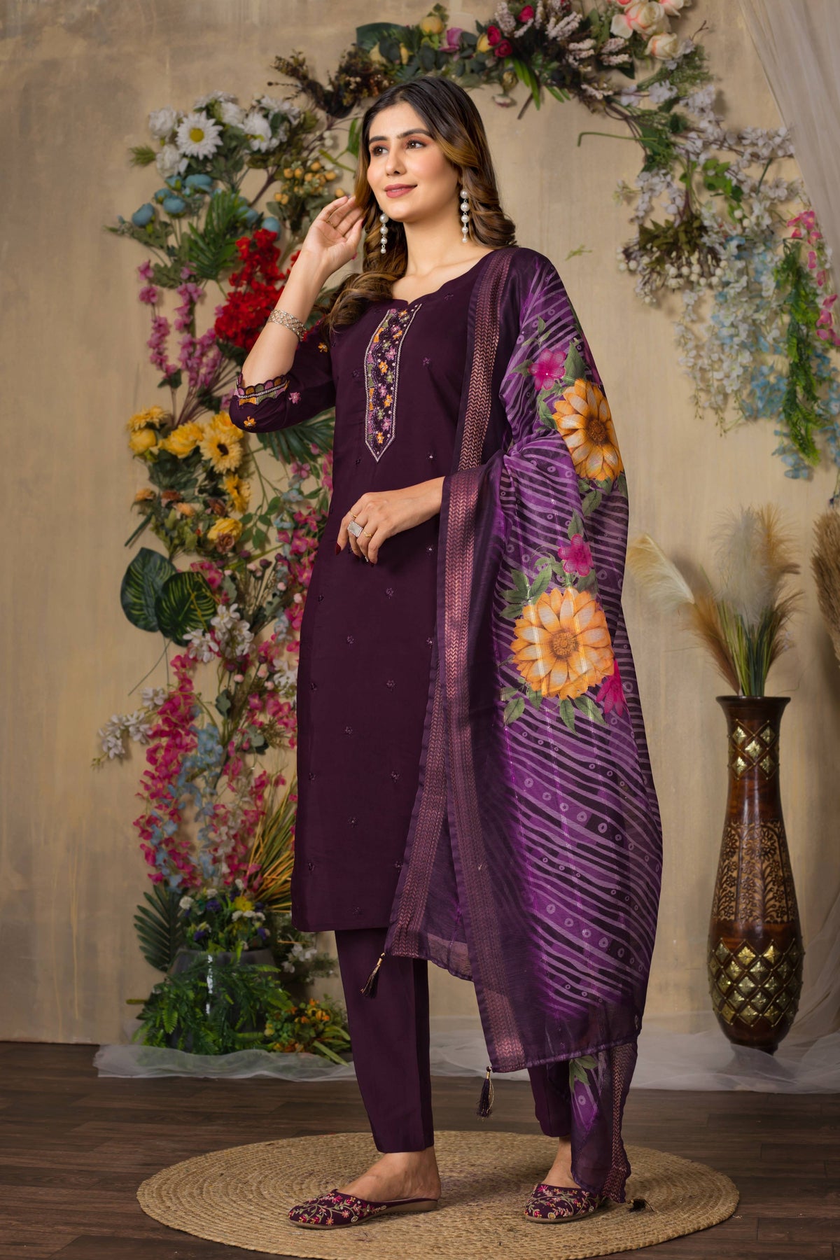 Sonakshi Women's Wine Roman Silk Multi Embroidered Sequins With Hand Work Kurta Set With Dupatta