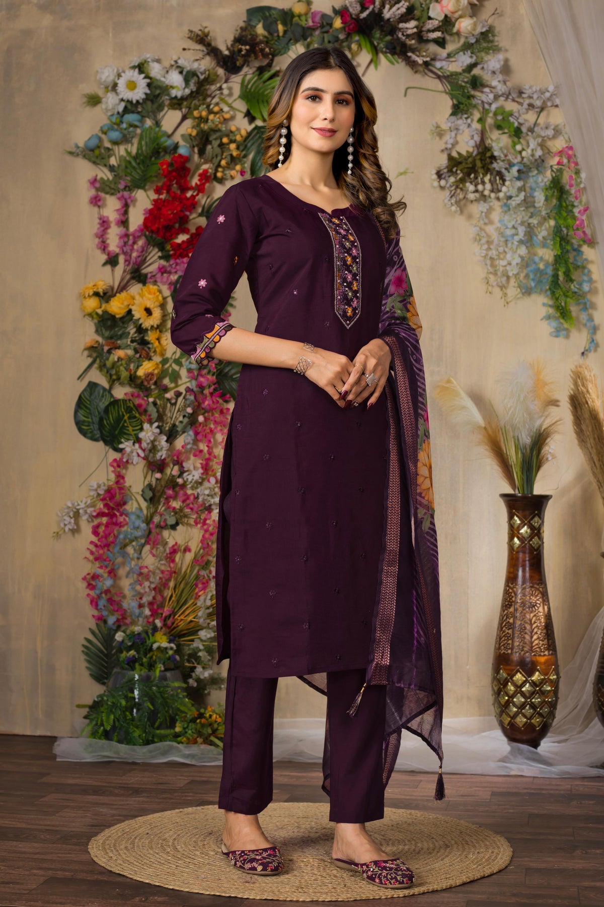 Sonakshi Women's Wine Roman Silk Multi Embroidered Sequins With Hand Work Kurta Set With Dupatta