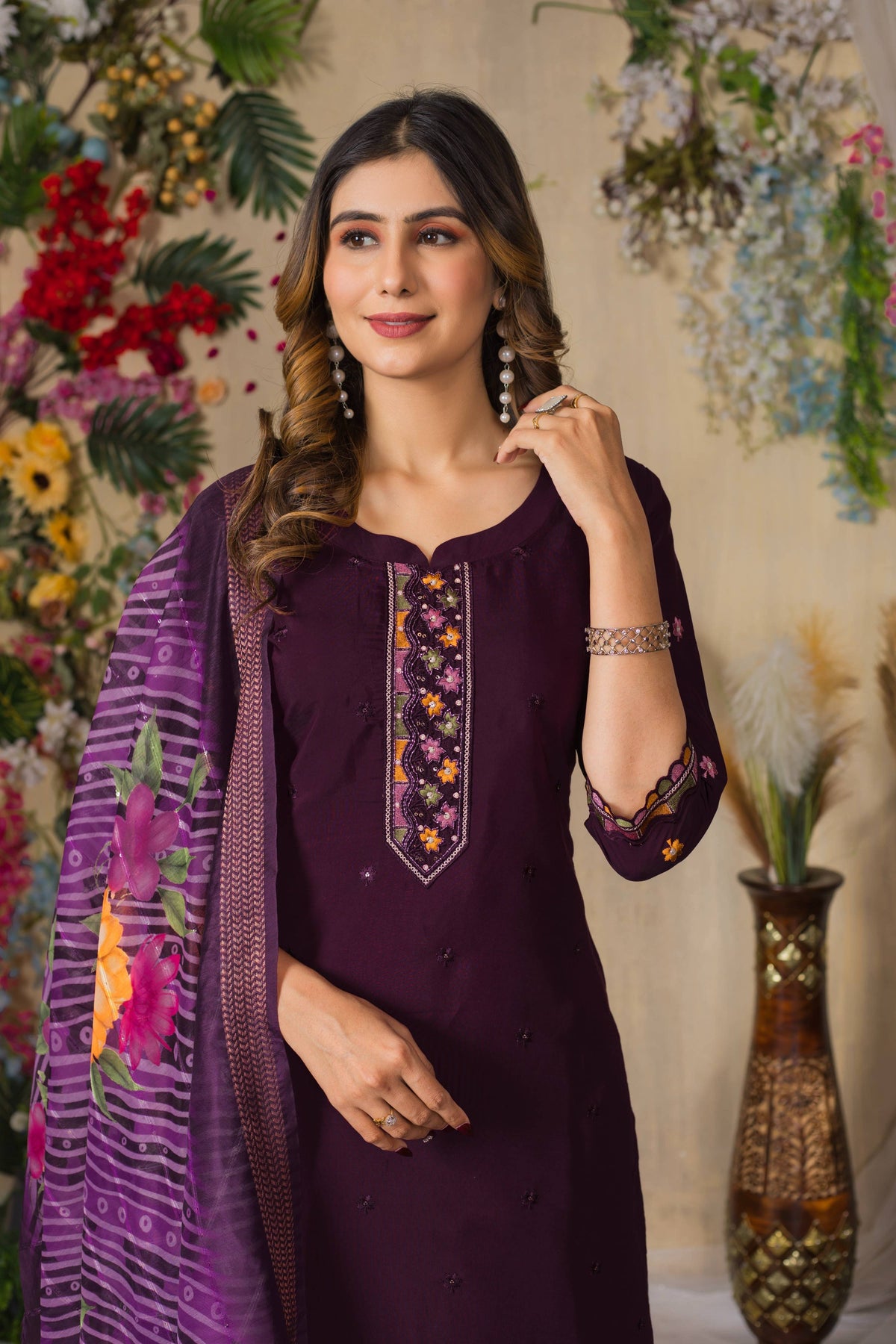 Sonakshi Women's Wine Roman Silk Multi Embroidered Sequins With Hand Work Kurta Set With Dupatta