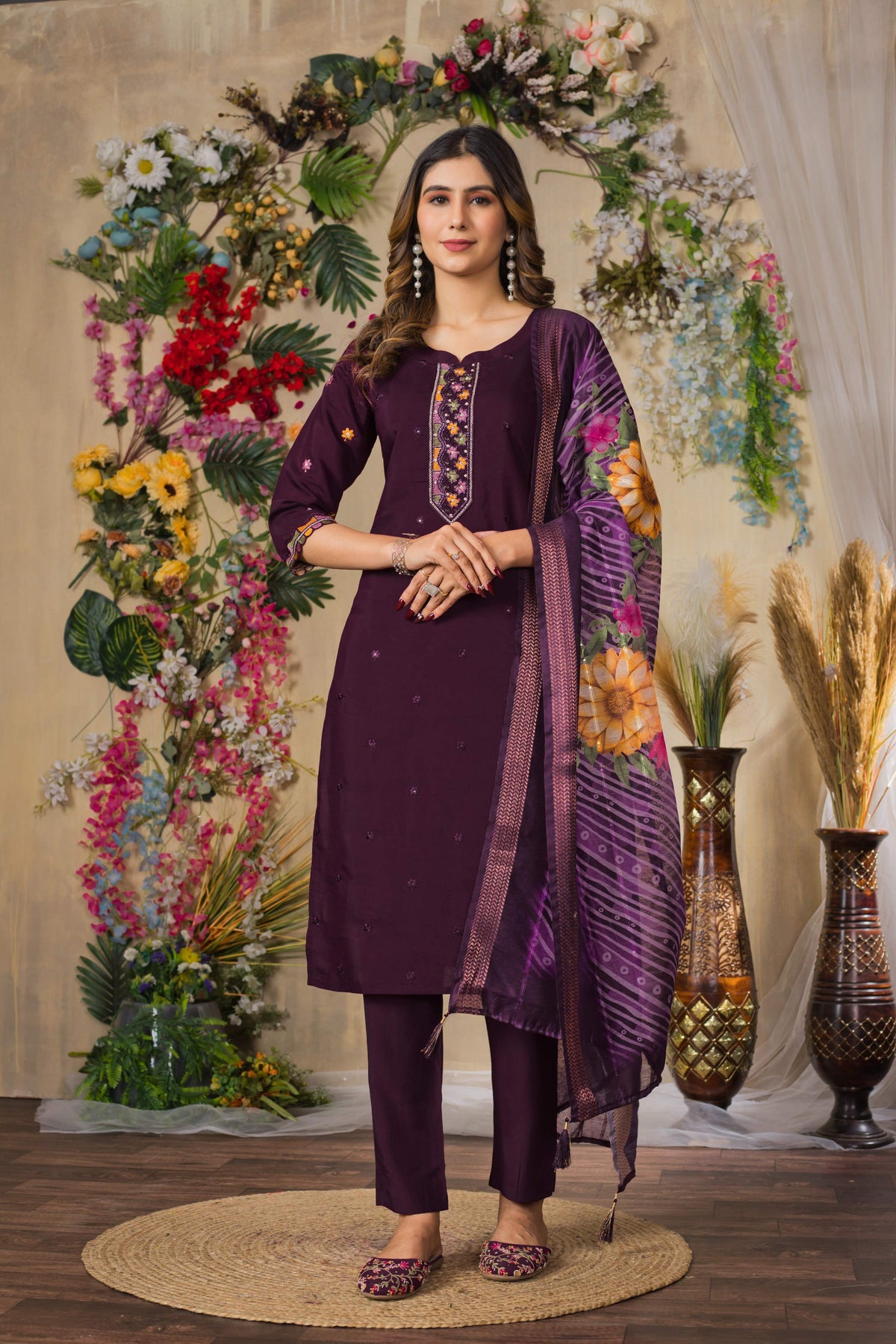 Sonakshi Women's Wine Roman Silk Multi Embroidered Sequins With Hand Work Kurta Set With Dupatta