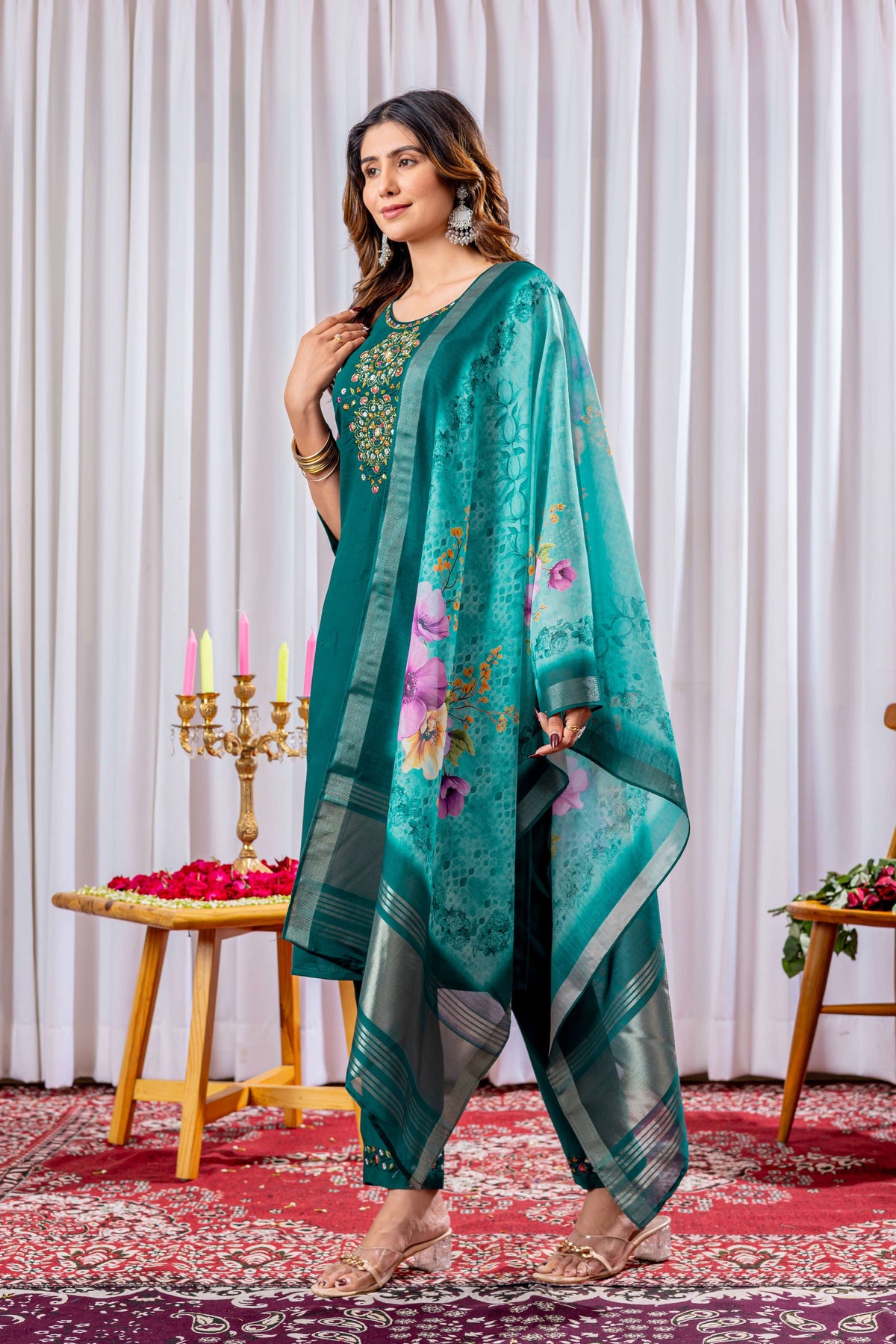 Sonakshi Women's Teal Viscose Silk Multi Embroidered Sequins With Hand Work Kurta Set With Dupatta