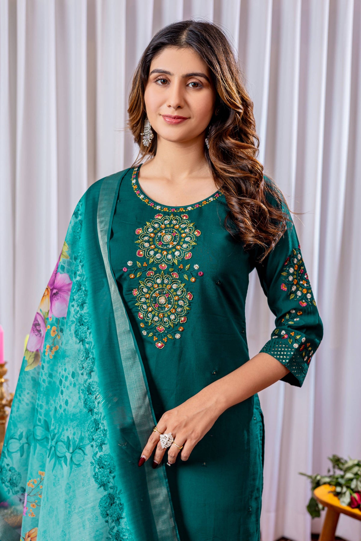 Sonakshi Women's Teal Viscose Silk Multi Embroidered Sequins With Hand Work Kurta Set With Dupatta