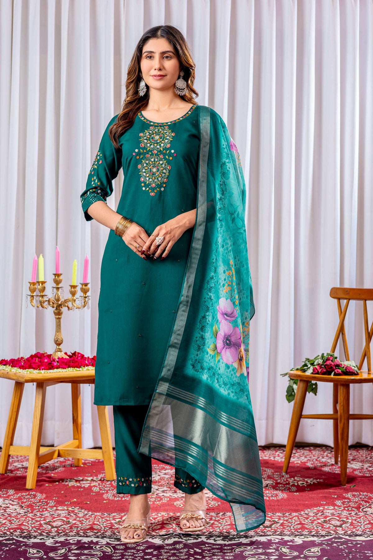 Sonakshi Women's Teal Viscose Silk Multi Embroidered Sequins With Hand Work Kurta Set With Dupatta
