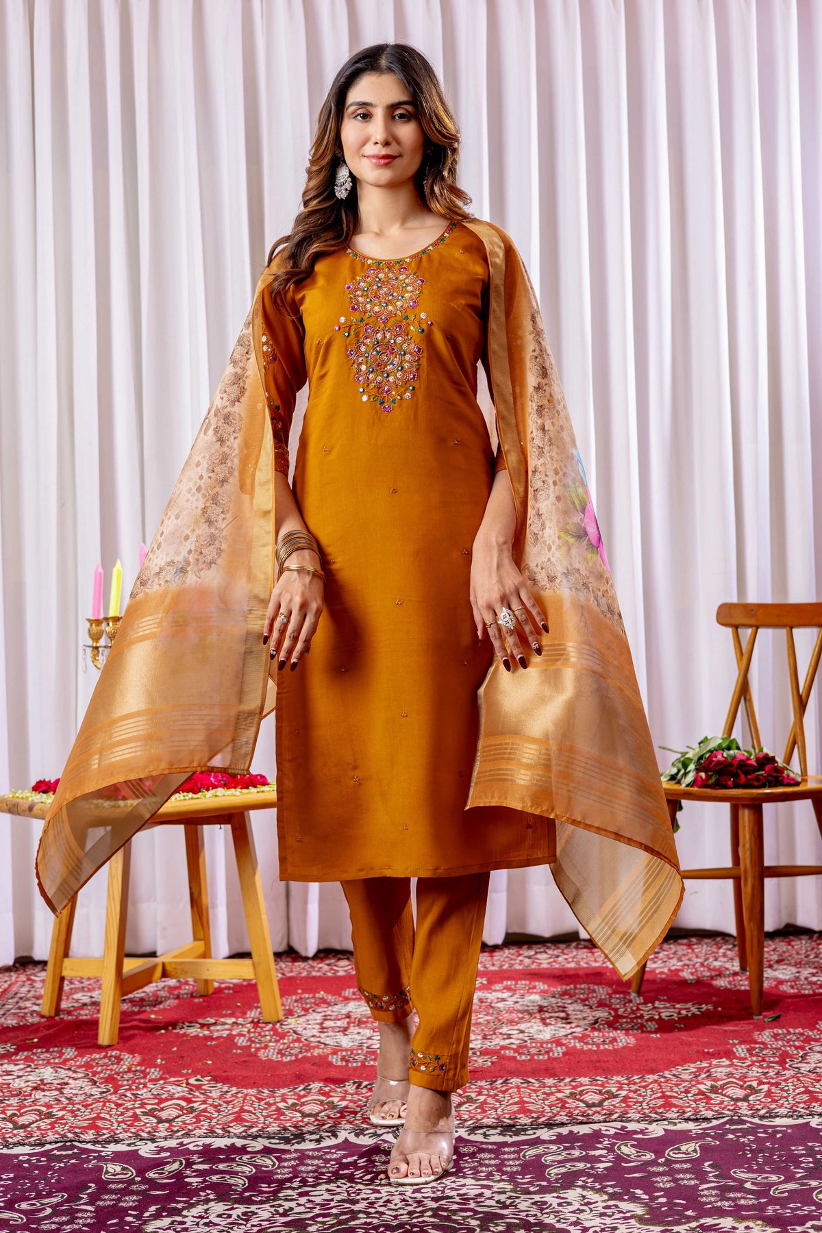 Sonakshi Women's Mustard Viscose Silk Multi Embroidered Sequins With Hand Work Kurta Set With Dupatta