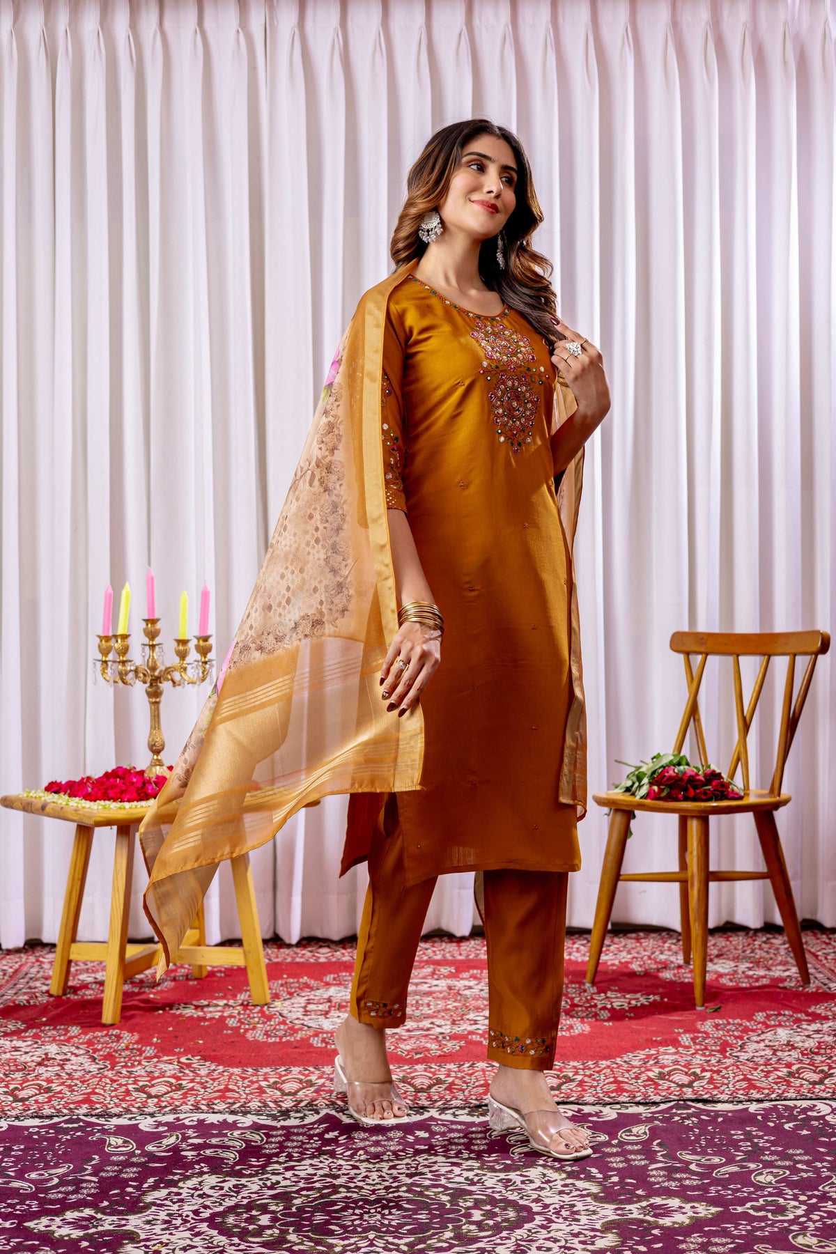 Sonakshi Women's Mustard Viscose Silk Multi Embroidered Sequins With Hand Work Kurta Set With Dupatta