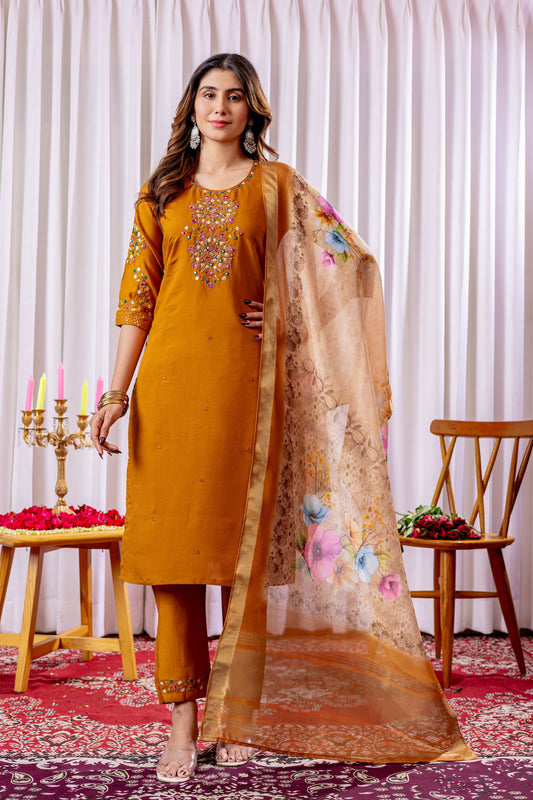 Sonakshi Women's Mustard Viscose Silk Multi Embroidered Sequins With Hand Work Kurta Set With Dupatta