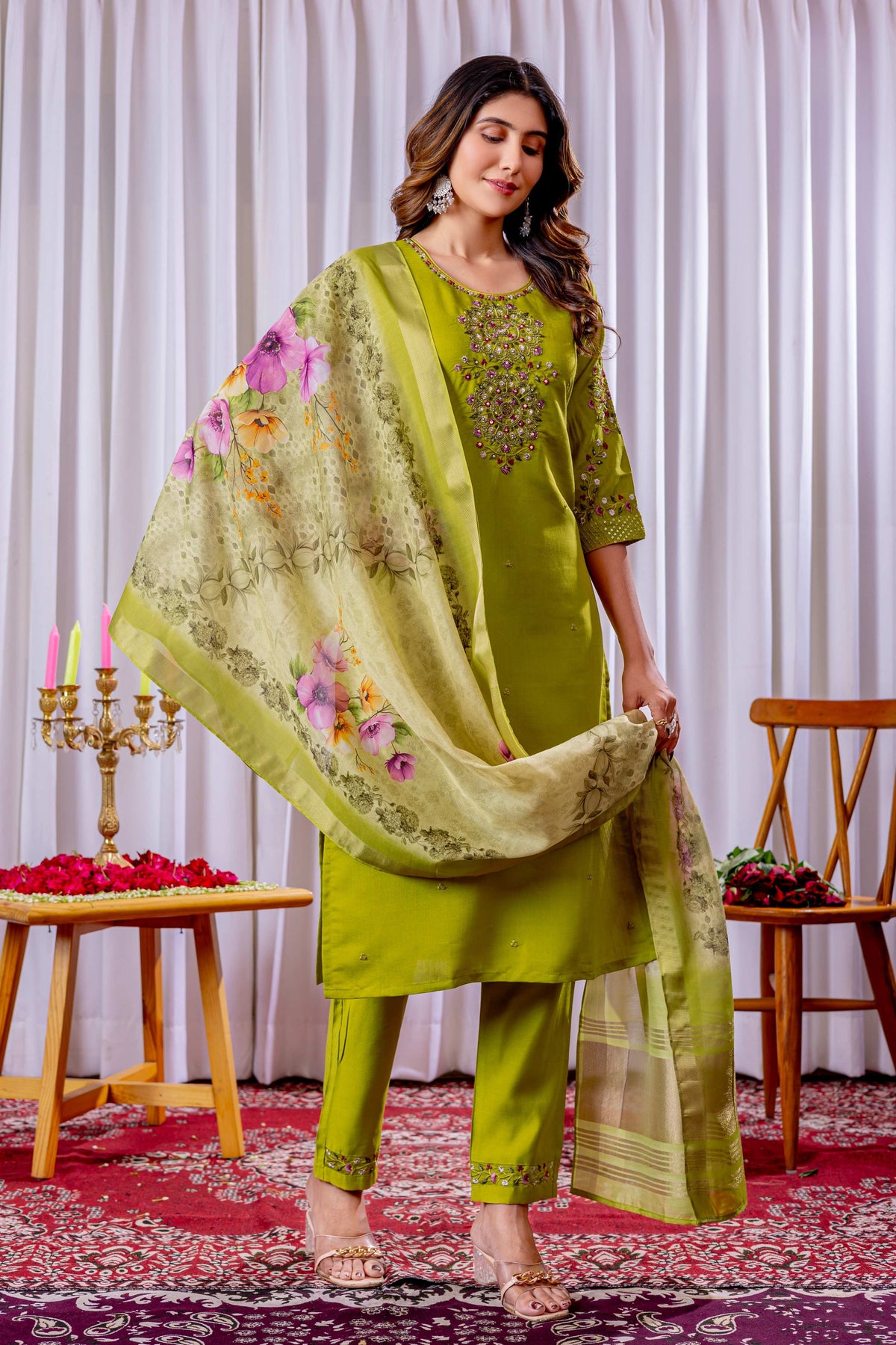 Sonakshi Women's Parrot Green Viscose Silk Multi Embroidered Sequins With Hand Work Kurta Set With Dupatta