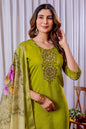 Sonakshi Women's Parrot Green Viscose Silk Multi Embroidered Sequins With Hand Work Kurta Set With Dupatta