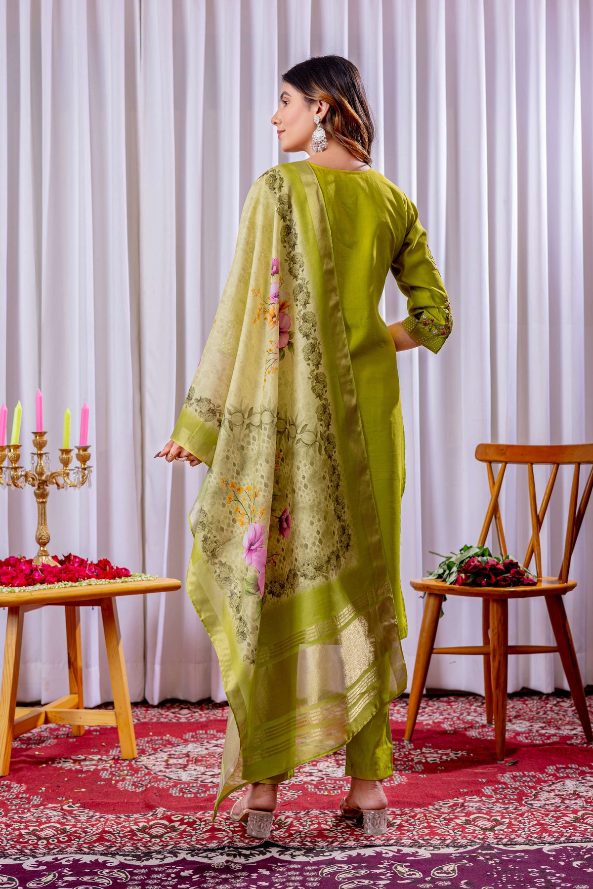 Sonakshi Women's Parrot Green Viscose Silk Multi Embroidered Sequins With Hand Work Kurta Set With Dupatta