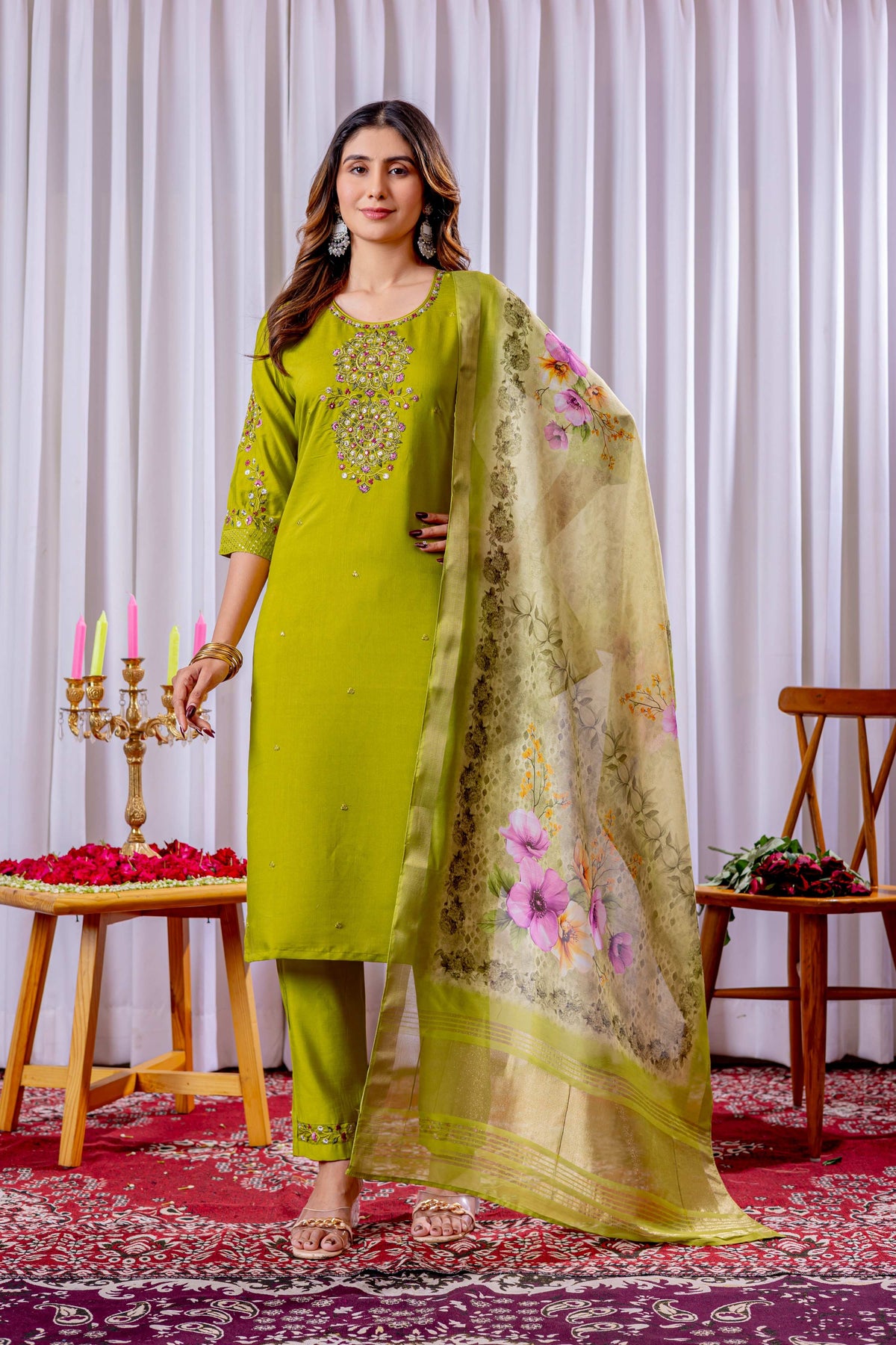 Sonakshi Women's Parrot Green Viscose Silk Multi Embroidered Sequins With Hand Work Kurta Set With Dupatta