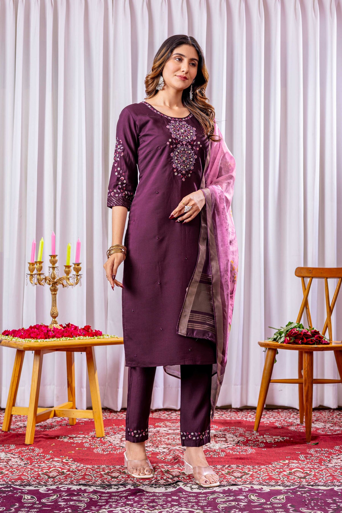 Sonakshi Women's Wine Green Viscose Silk Multi Embroidered Sequins With Hand Work Kurta Set With Dupatta