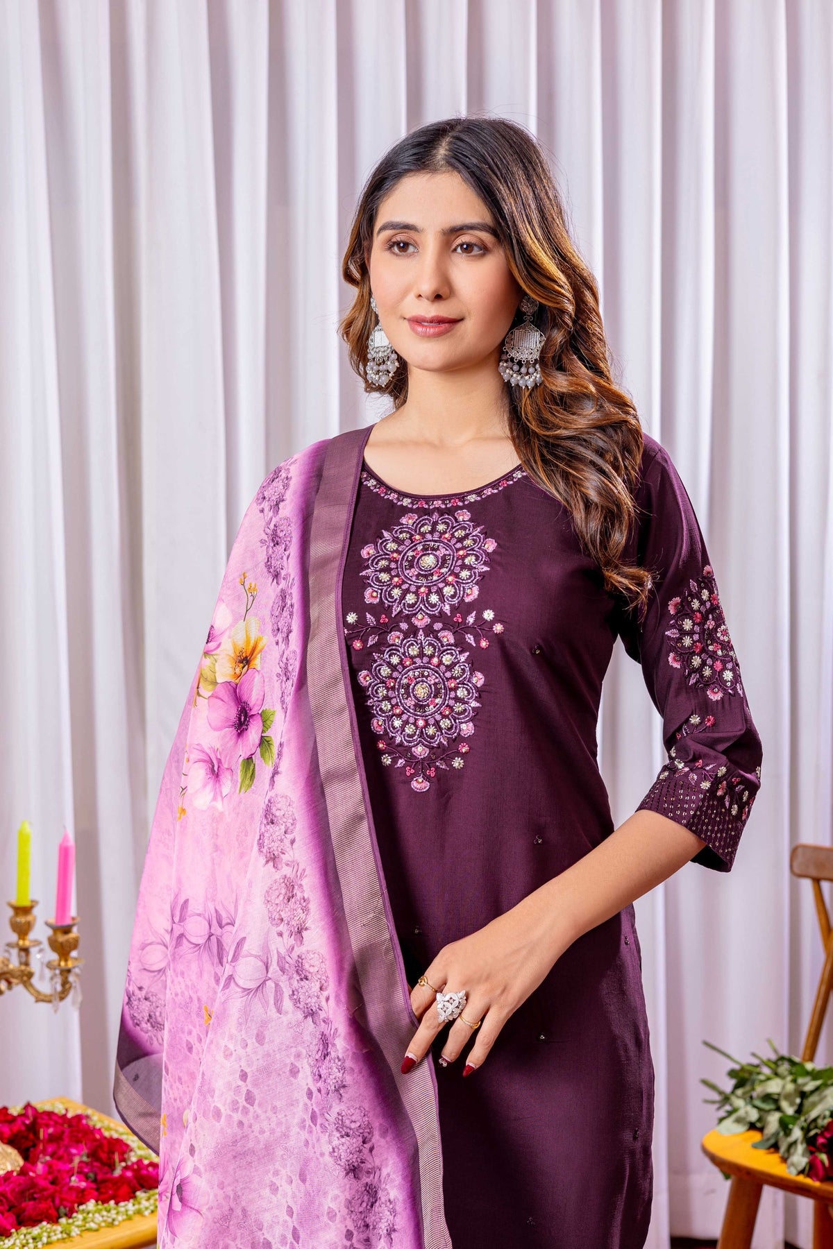 Sonakshi Women's Wine Green Viscose Silk Multi Embroidered Sequins With Hand Work Kurta Set With Dupatta