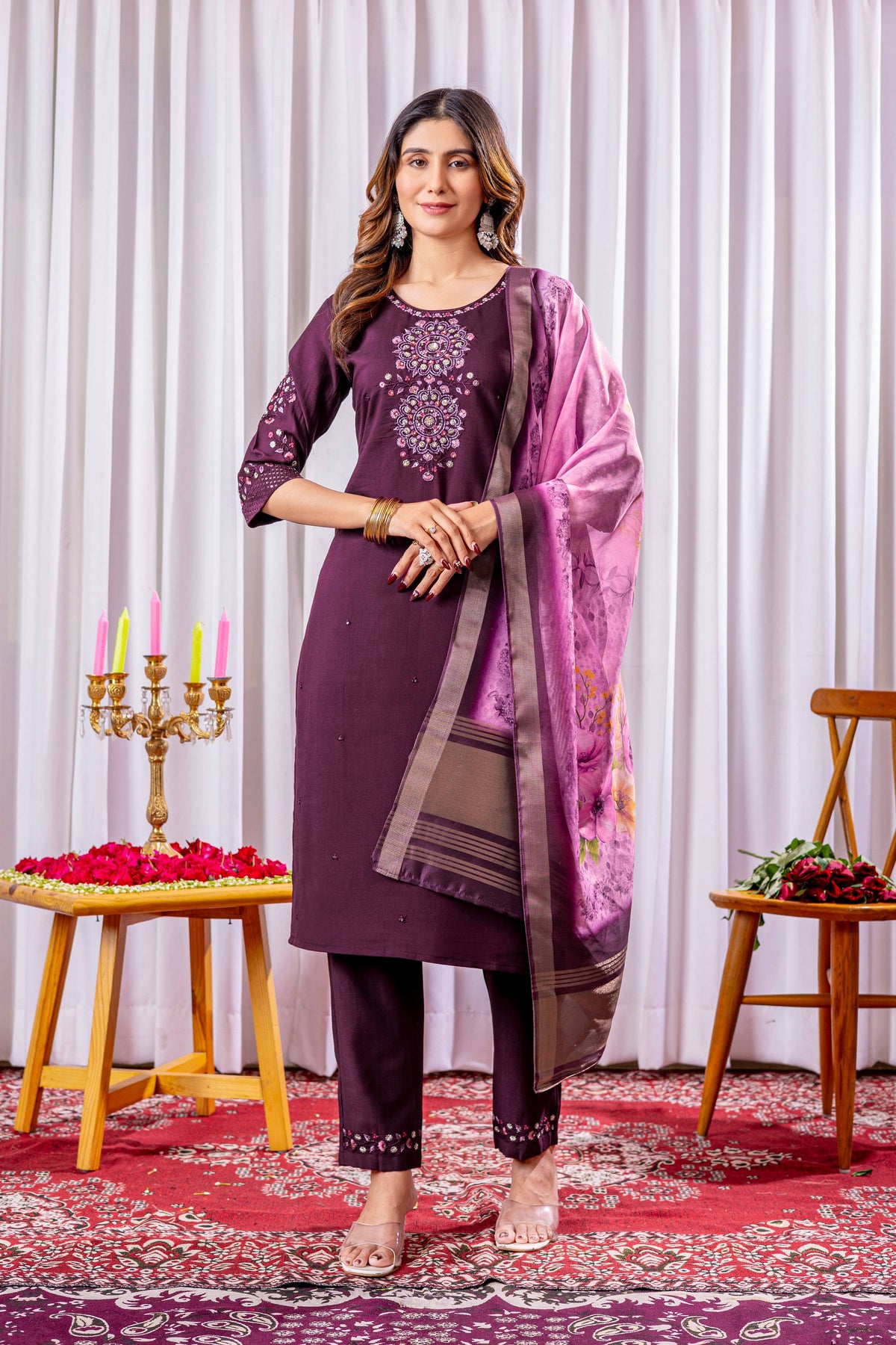Sonakshi Women's Wine Green Viscose Silk Multi Embroidered Sequins With Hand Work Kurta Set With Dupatta