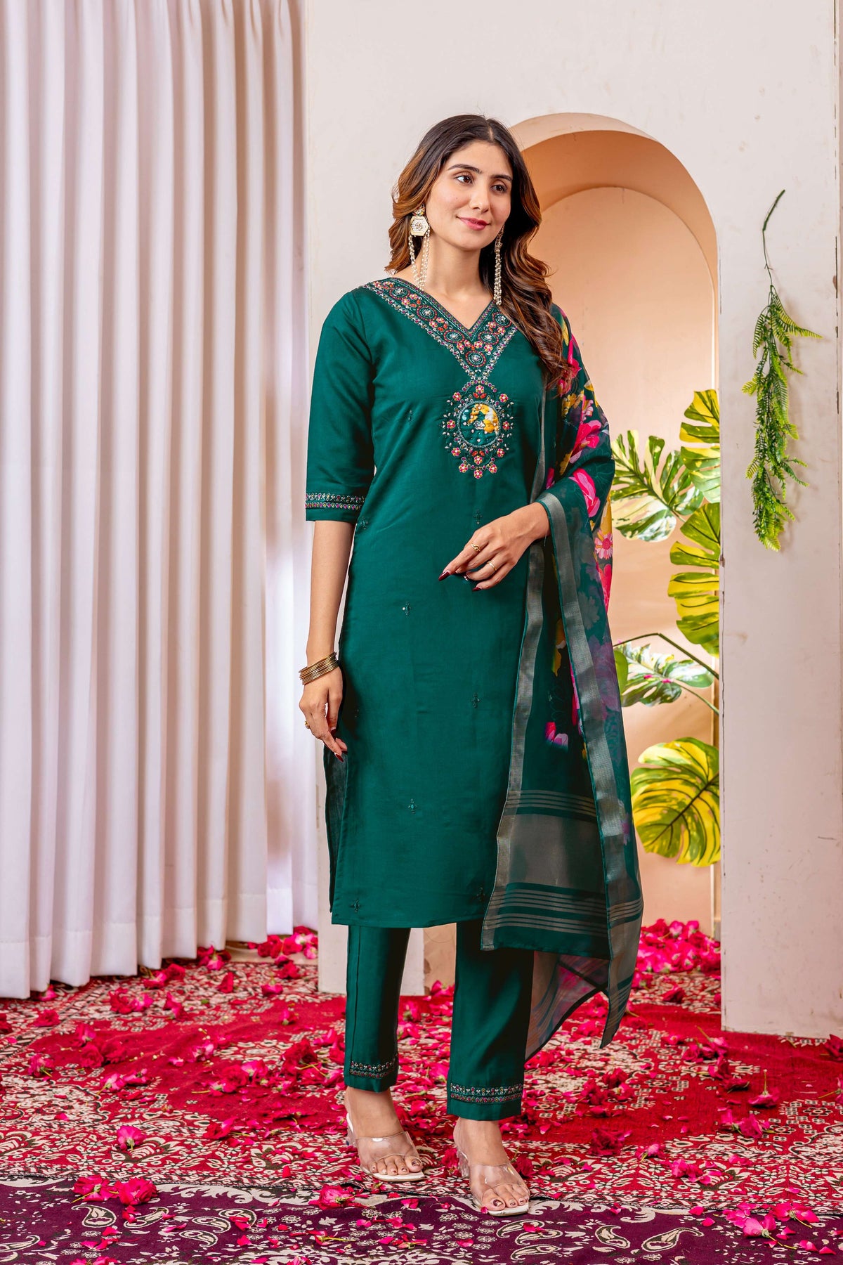Sonakshi Women's Rama Marina Viscose Silk Multi Embroidered Sequins With Hand Work Kurta Set With Dupatta