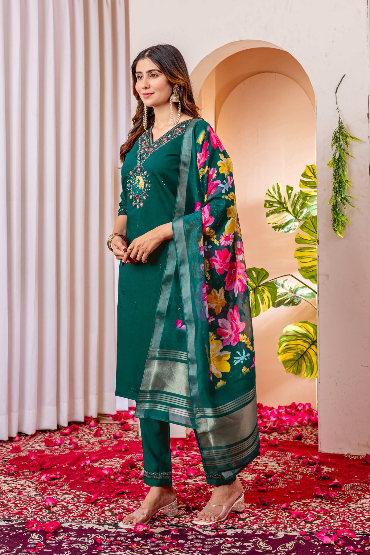 Sonakshi Women's Rama Marina Viscose Silk Multi Embroidered Sequins With Hand Work Kurta Set With Dupatta