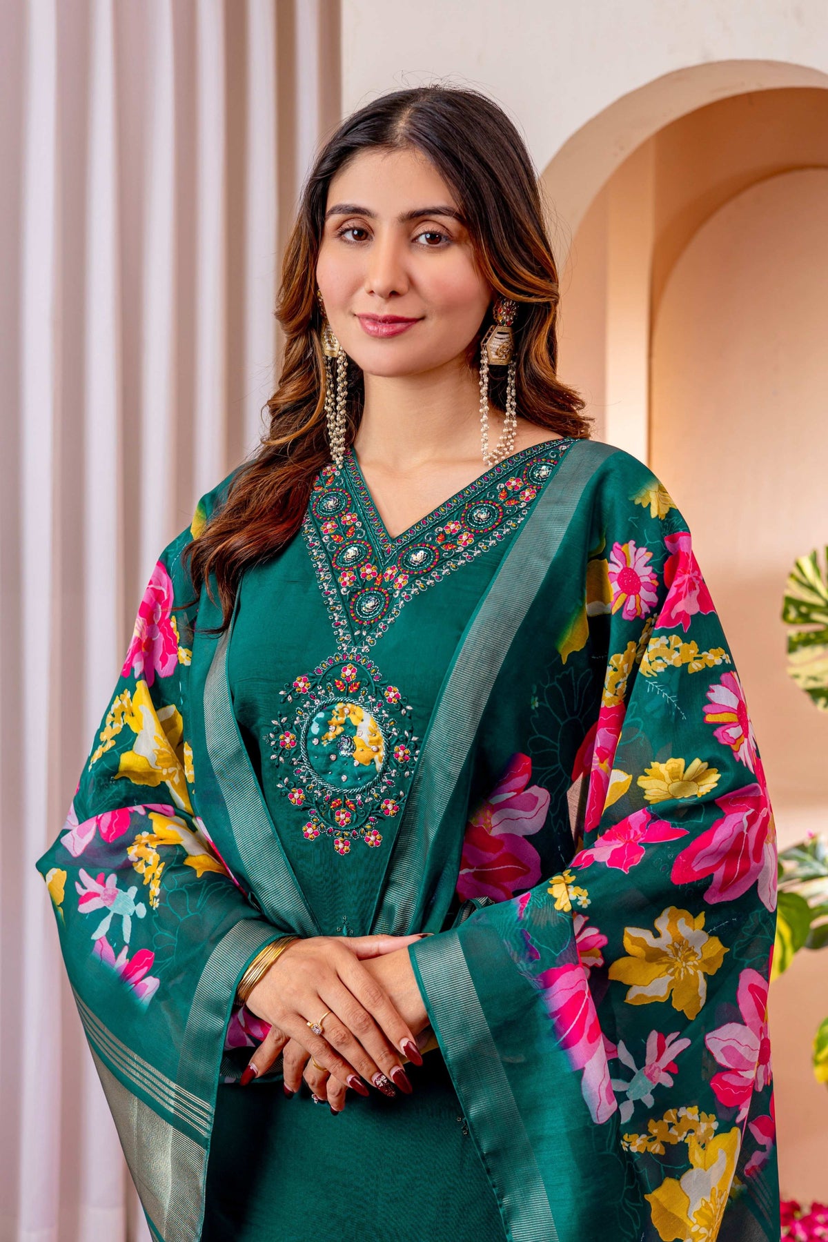 Sonakshi Women's Rama Marina Viscose Silk Multi Embroidered Sequins With Hand Work Kurta Set With Dupatta
