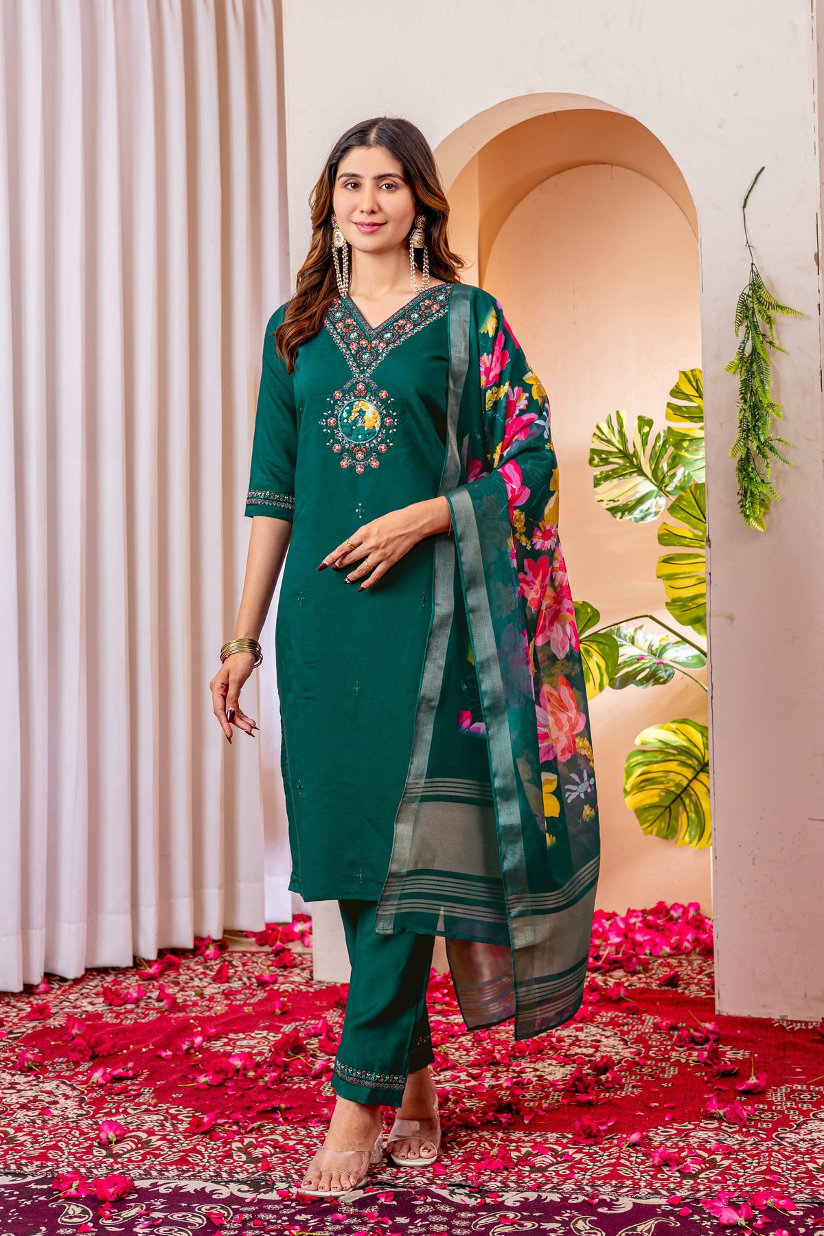 Sonakshi Women's Rama Marina Viscose Silk Multi Embroidered Sequins With Hand Work Kurta Set With Dupatta