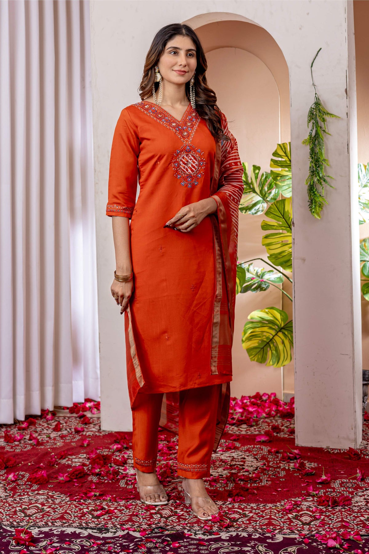 Sonakshi Women's Orange Marina Viscose Silk Multi Embroidered Sequins With Hand Work Kurta Set With Dupatta