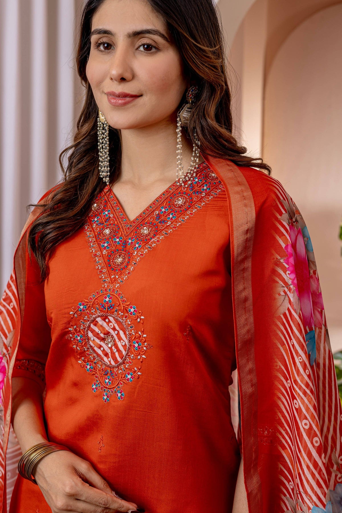 Sonakshi Women's Orange Marina Viscose Silk Multi Embroidered Sequins With Hand Work Kurta Set With Dupatta