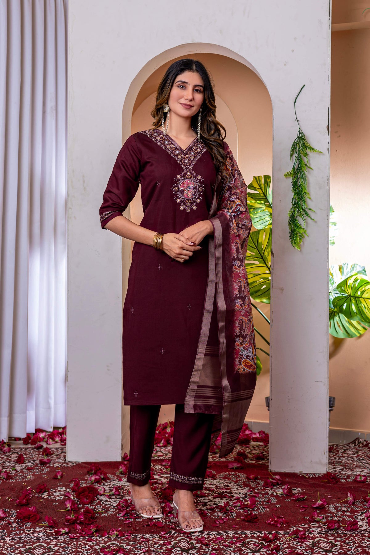 Sonakshi Women's Wine Marina Viscose Silk Multi Embroidered Sequins With Hand Work Kurta Set With Dupatta