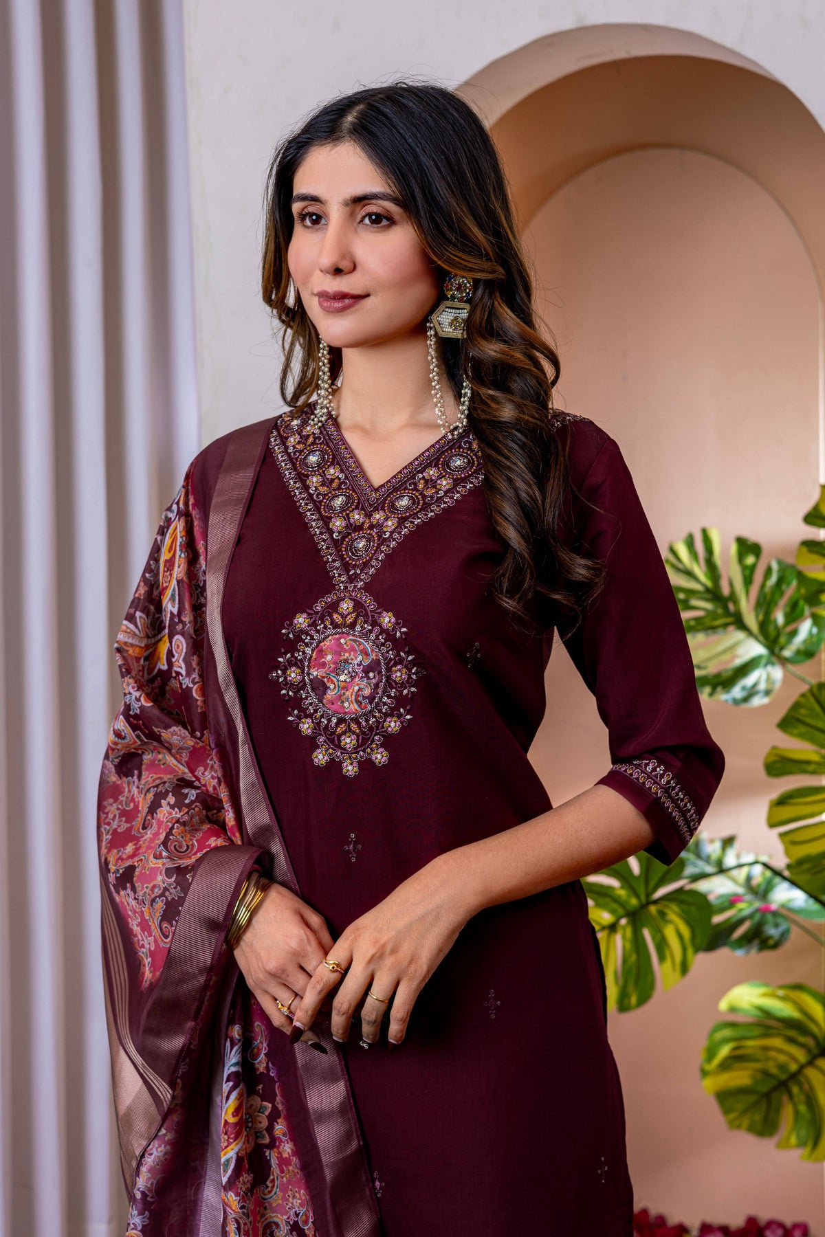 Sonakshi Women's Wine Marina Viscose Silk Multi Embroidered Sequins With Hand Work Kurta Set With Dupatta