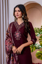 Sonakshi Women's Wine Marina Viscose Silk Multi Embroidered Sequins With Hand Work Kurta Set With Dupatta