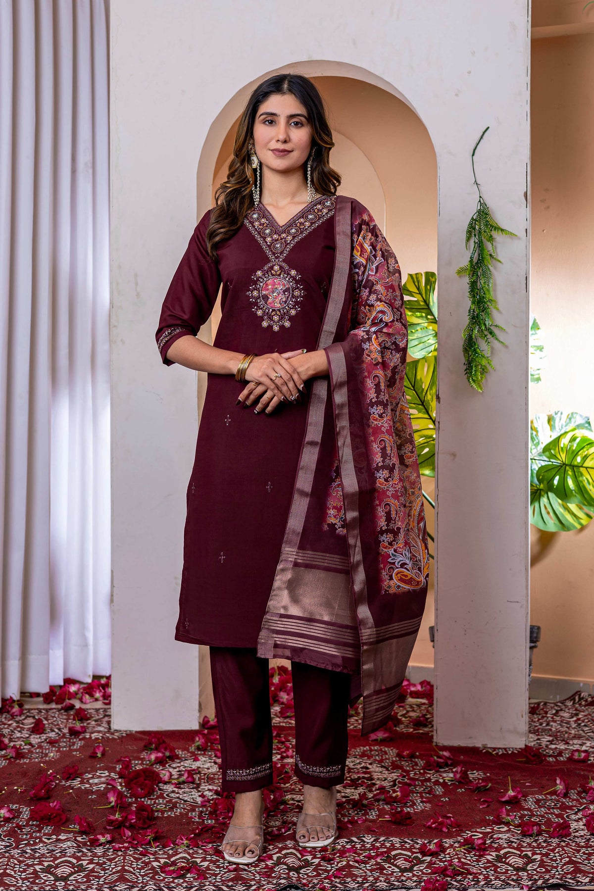 Sonakshi Women's Wine Marina Viscose Silk Multi Embroidered Sequins With Hand Work Kurta Set With Dupatta
