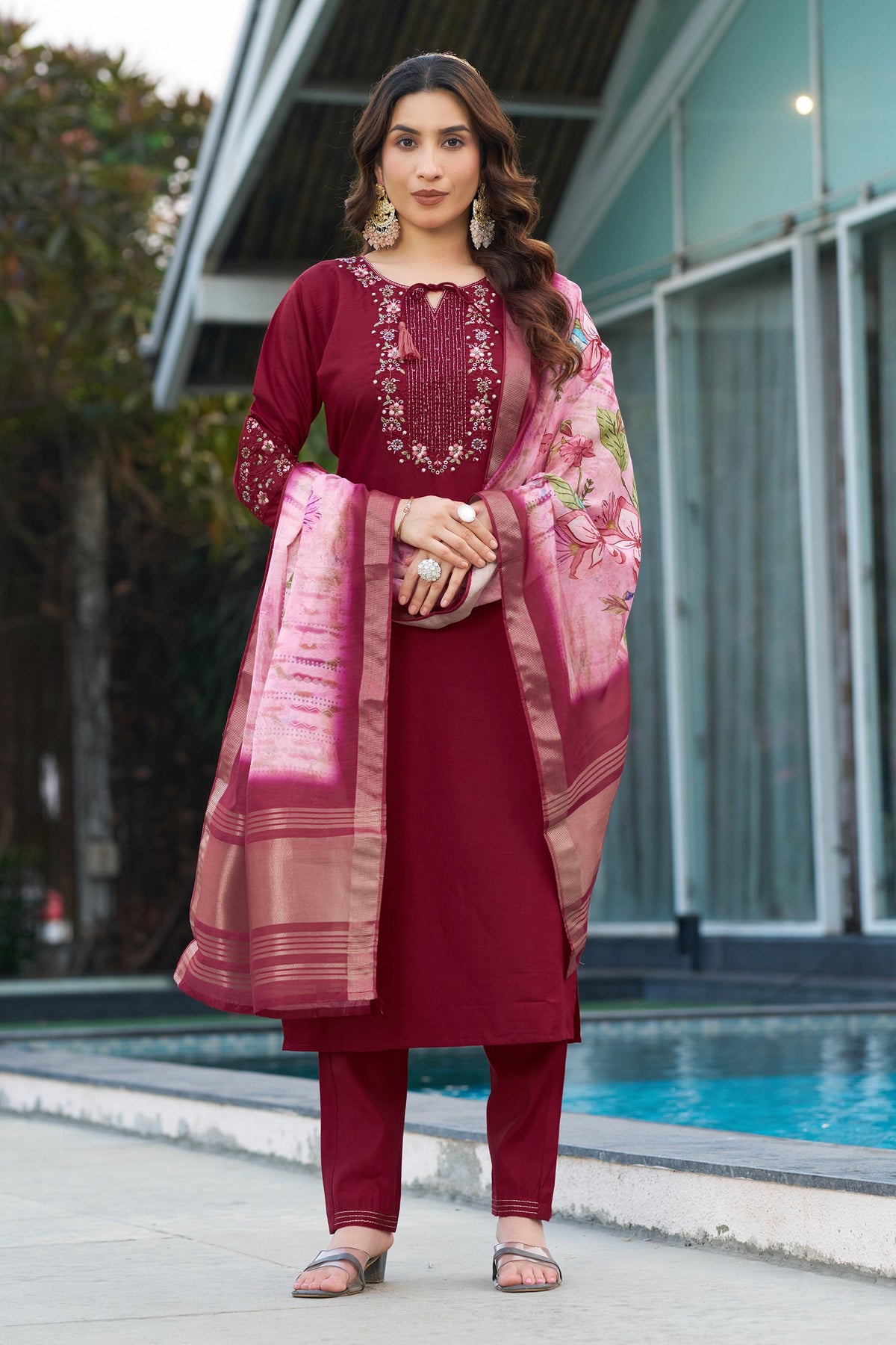 Sonakshi Women's Maroon Viscose Silk Multi Embroidered Thread With Hand Work Kurta Set With Dupatta