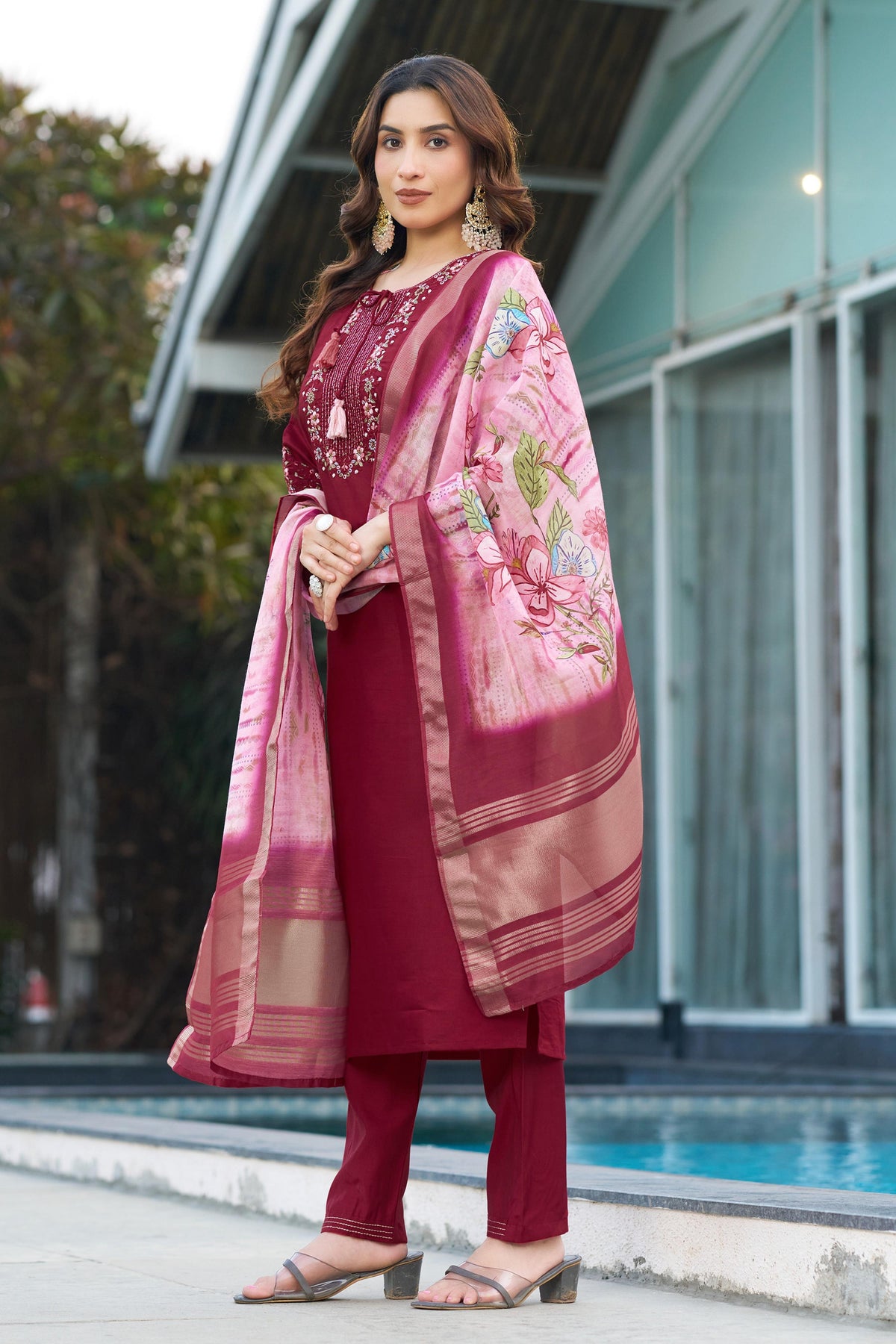 Sonakshi Women's Maroon Viscose Silk Multi Embroidered Thread With Hand Work Kurta Set With Dupatta
