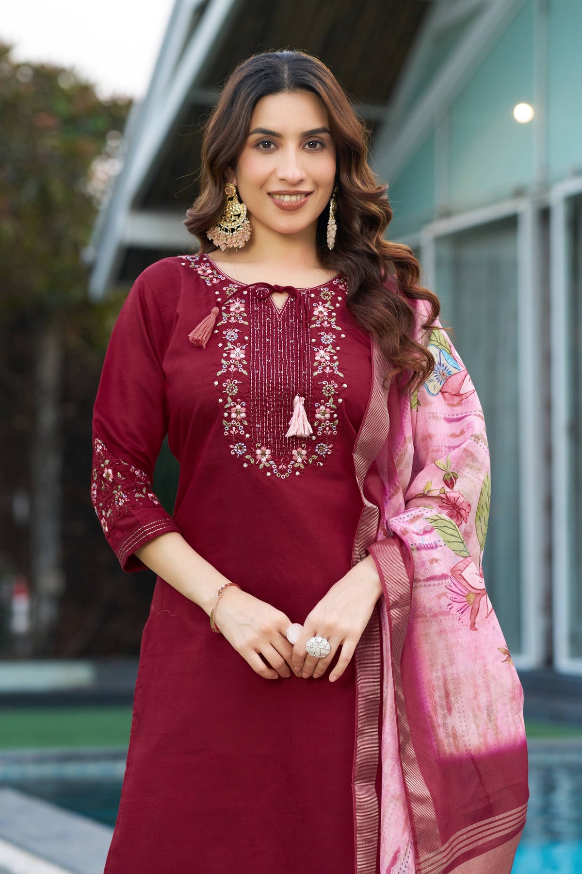 Sonakshi Women's Maroon Viscose Silk Multi Embroidered Thread With Hand Work Kurta Set With Dupatta