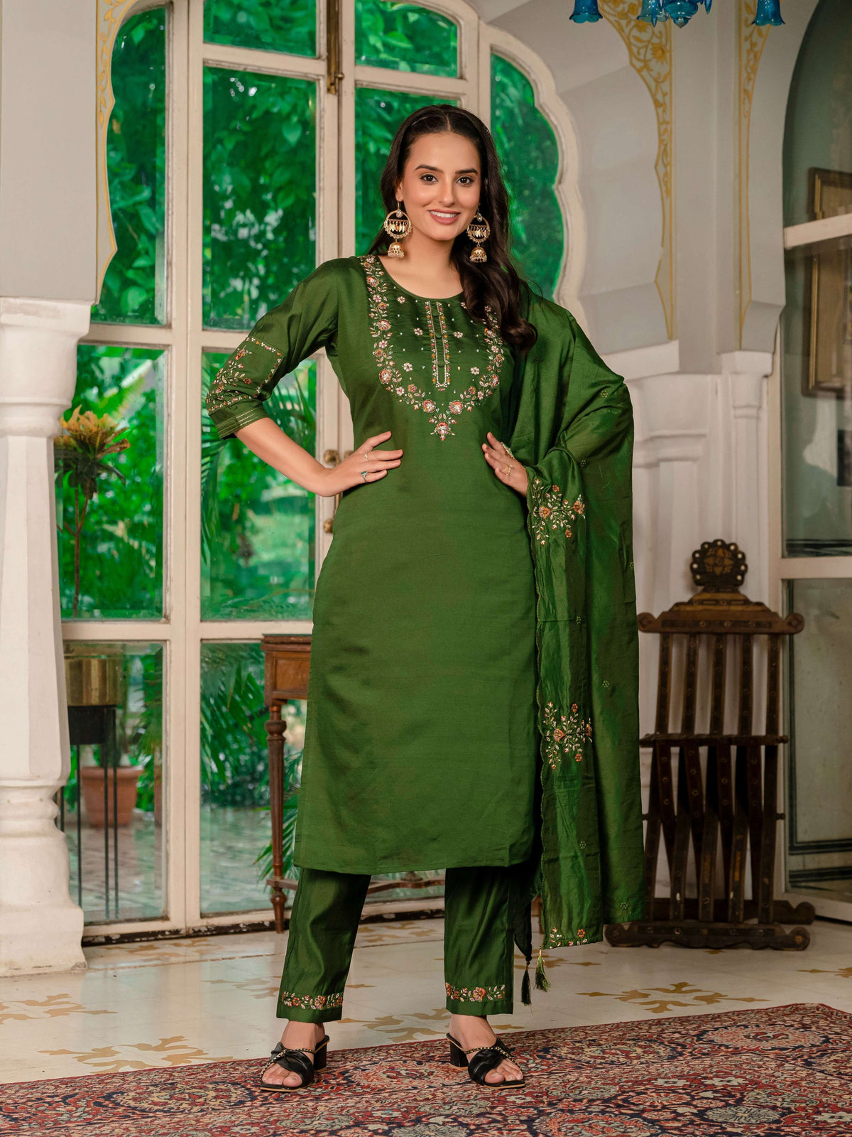 Sonakshi Women's Mehendi Marina Silk Multi Thread Embroidered With Hand Work Kurta Set With Dupatta