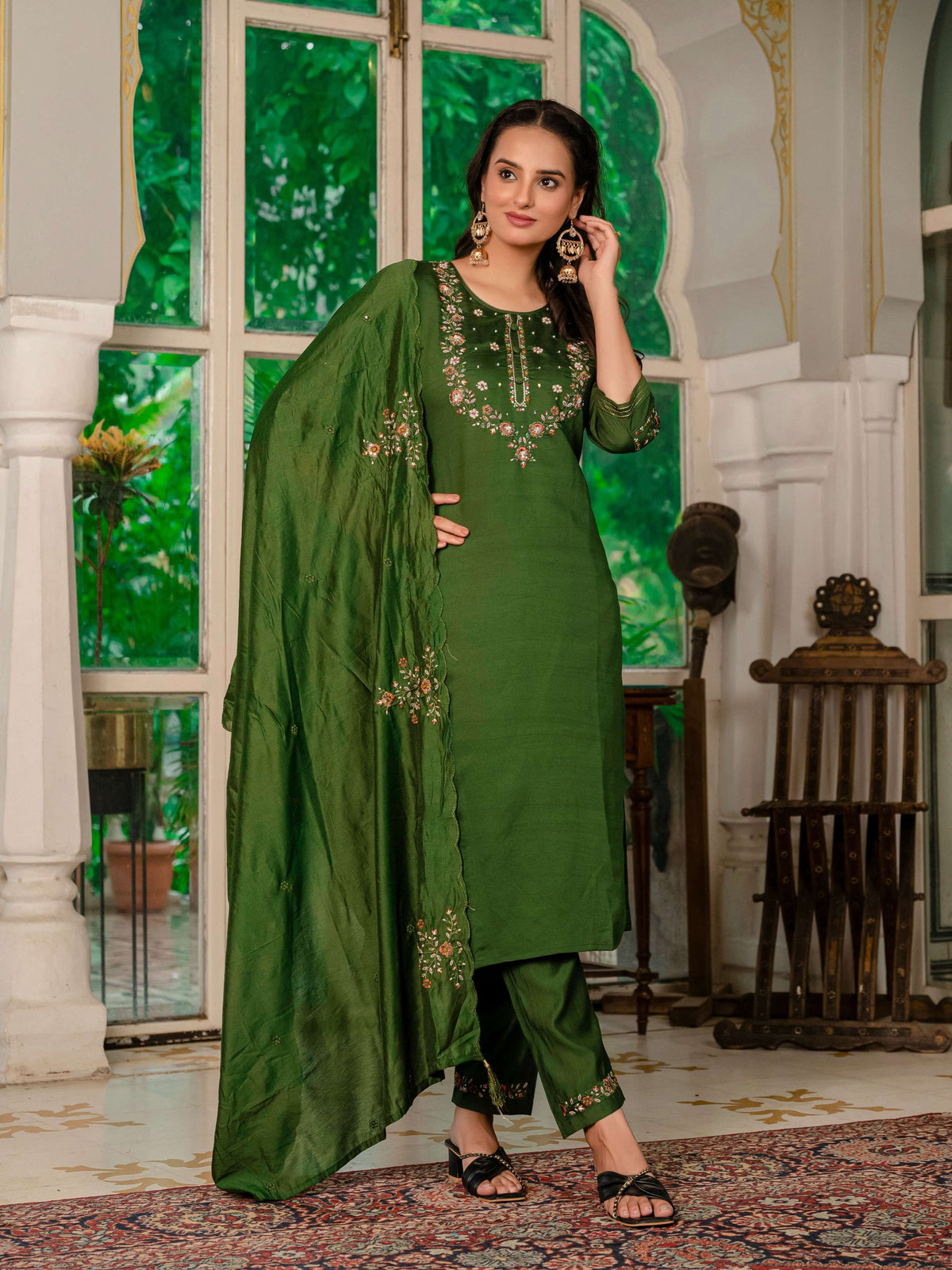 Sonakshi Women's Mehendi Marina Silk Multi Thread Embroidered With Hand Work Kurta Set With Dupatta