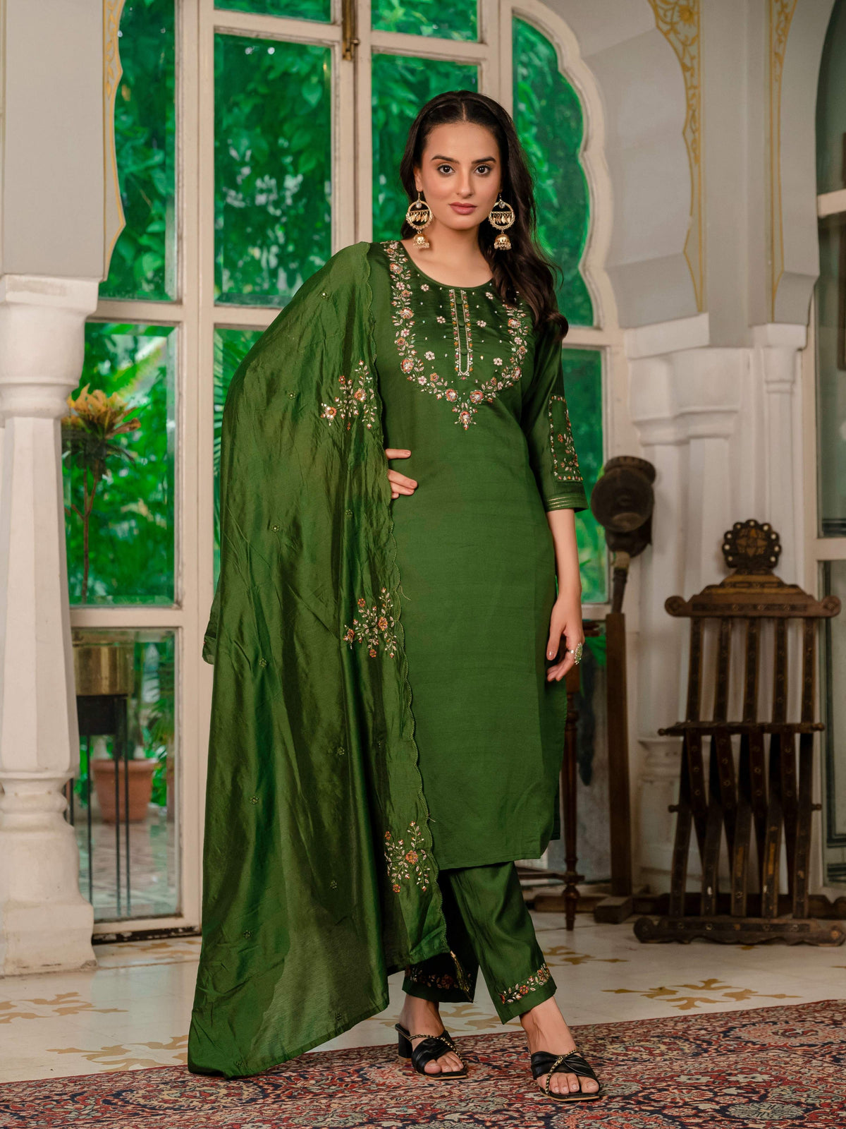 Sonakshi Women's Mehendi Marina Silk Multi Thread Embroidered With Hand Work Kurta Set With Dupatta