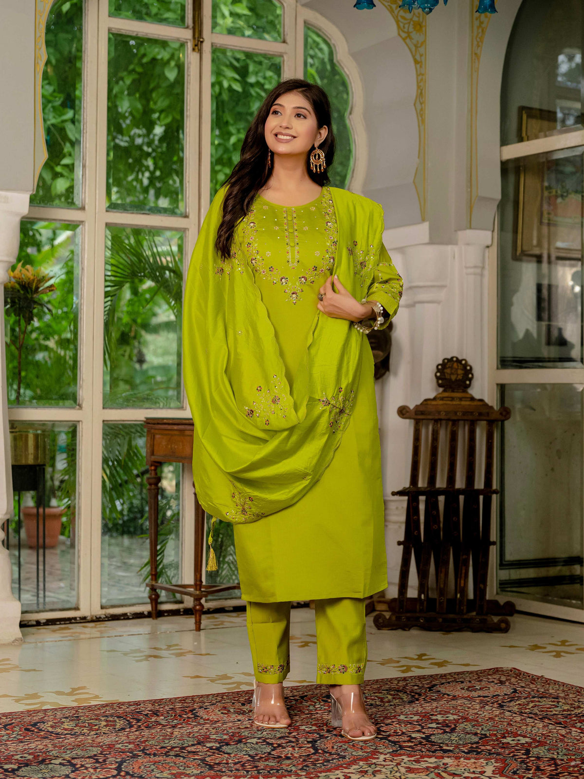 Sonakshi Women's Parrot Marina Silk Multi Thread Embroidered With Hand Work Kurta Set With Dupatta