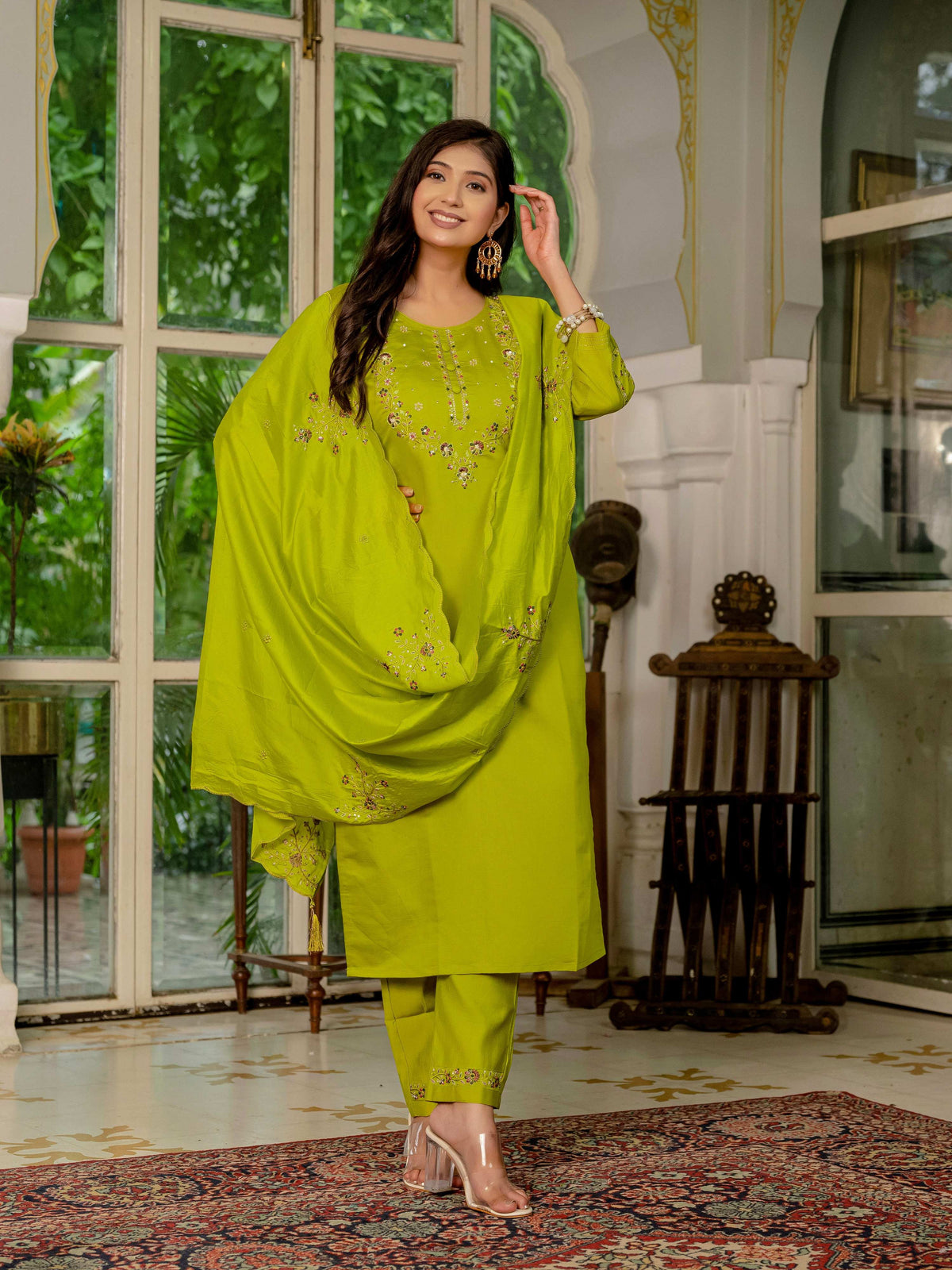 Sonakshi Women's Parrot Marina Silk Multi Thread Embroidered With Hand Work Kurta Set With Dupatta