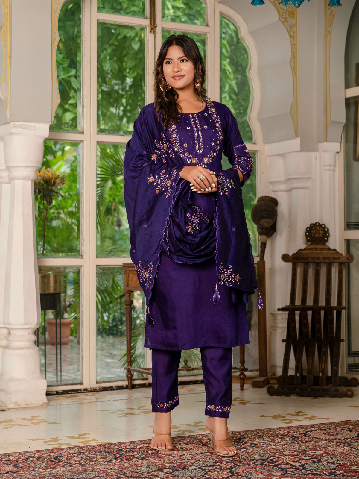 Sonakshi Women's Purple Marina Silk Multi Thread Embroidered With Hand Work Kurta Set With Dupatta