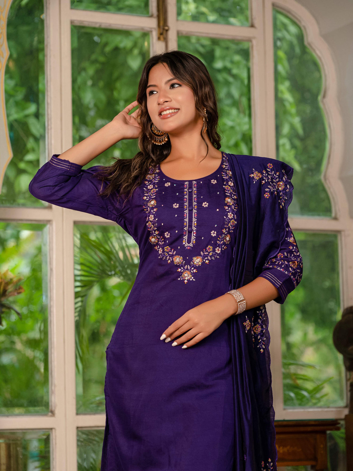 Sonakshi Women's Purple Marina Silk Multi Thread Embroidered With Hand Work Kurta Set With Dupatta