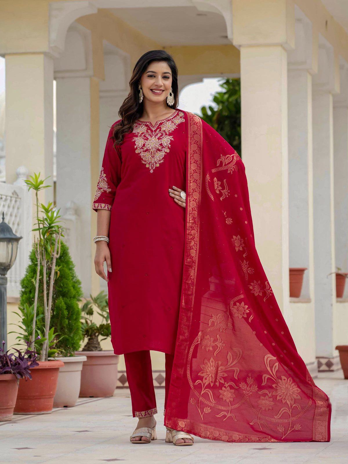 Sonakshi Women's Maroon Premium Roman Silk Coding Embroidered Work Kurta Set With Dupatta