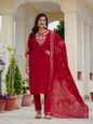 Sonakshi Women's Maroon Premium Roman Silk Coding Embroidered Work Kurta Set With Dupatta