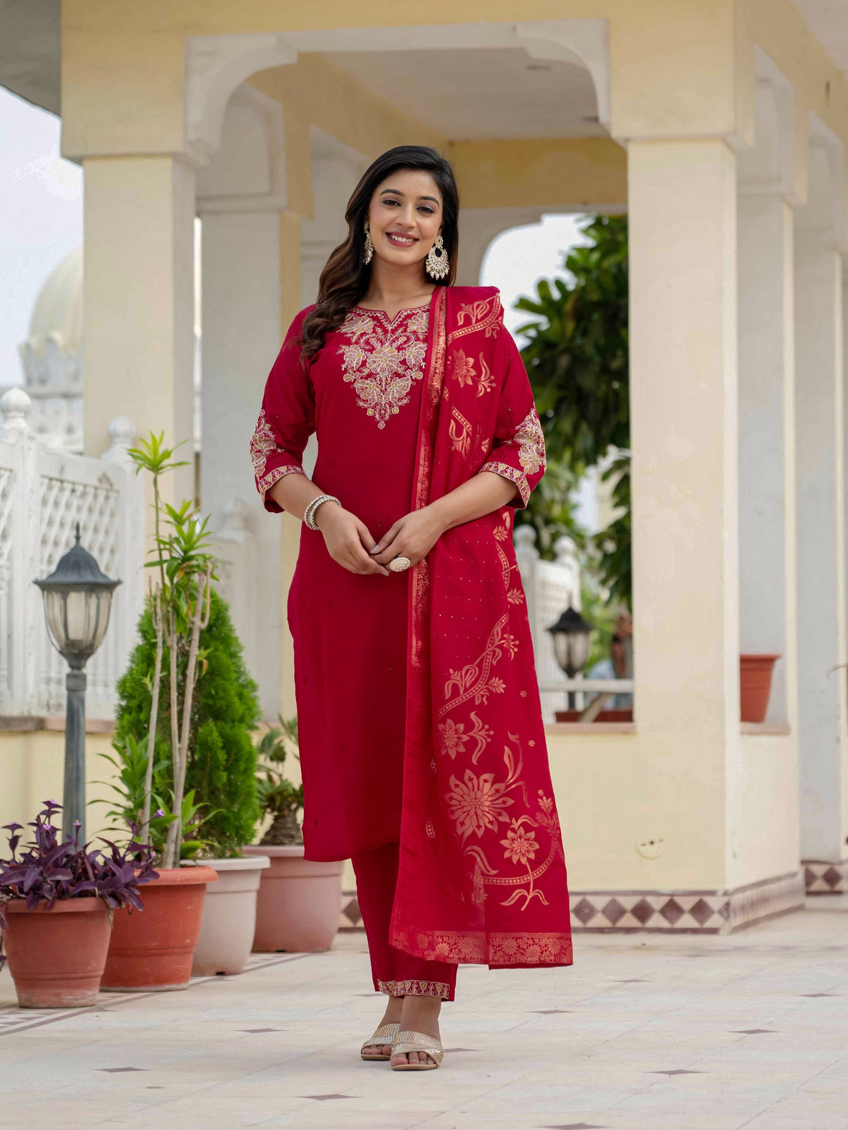 Sonakshi Women's Maroon Premium Roman Silk Coding Embroidered Work Kurta Set With Dupatta
