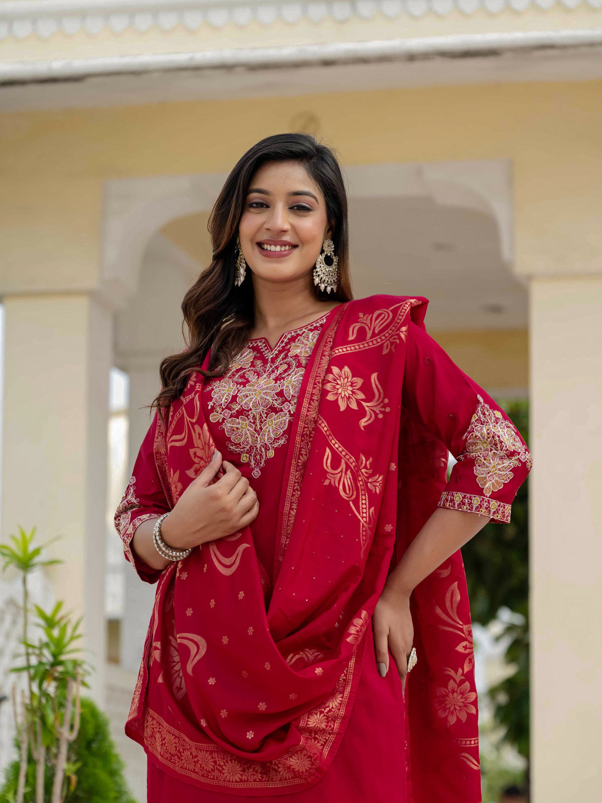 Sonakshi Women's Maroon Premium Roman Silk Coding Embroidered Work Kurta Set With Dupatta
