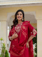 Sonakshi Women's Maroon Premium Roman Silk Coding Embroidered Work Kurta Set With Dupatta